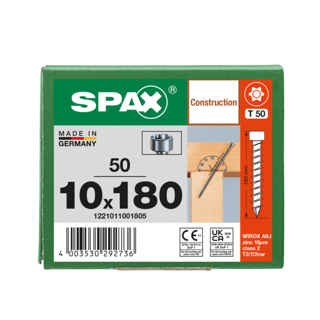 SPAX T-Star plus Zylinderkof mit CUT-Spitze WIROX® Torx 50; 10,0x180 (Gewinde bis annähernd Kopf) - 50 Stück