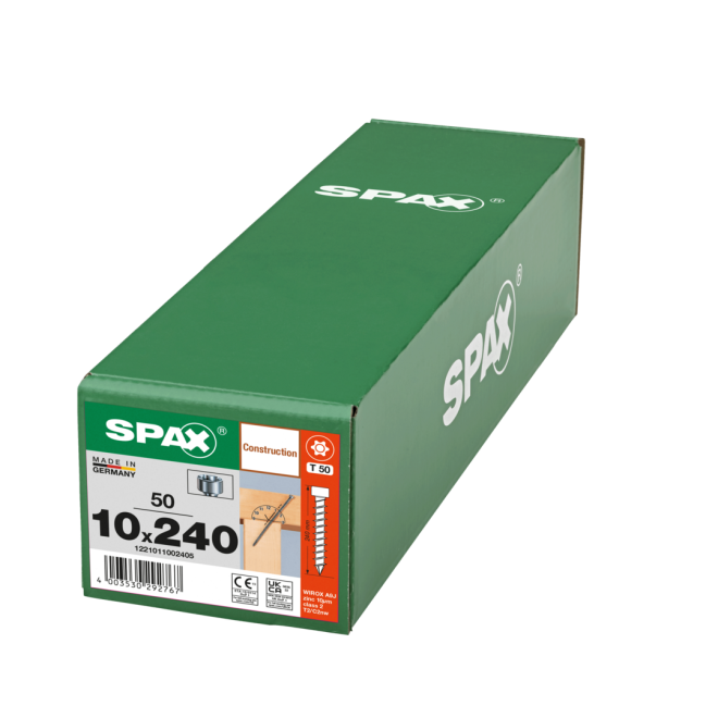 SPAX T-Star plus Zylinderkof mit CUT-Spitze WIROX® Torx 50; 10,0x240 (Gewinde bis annähernd Kopf) - 50 Stück