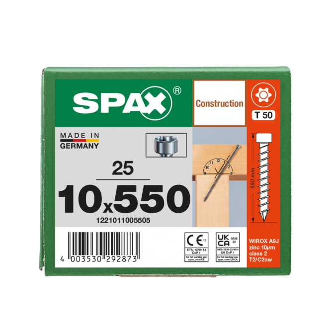 SPAX T-Star plus Zylinderkof mit CUT-Spitze WIROX® Torx 50; 10,0x550 (Gewinde bis annähernd Kopf) - 25 Stück