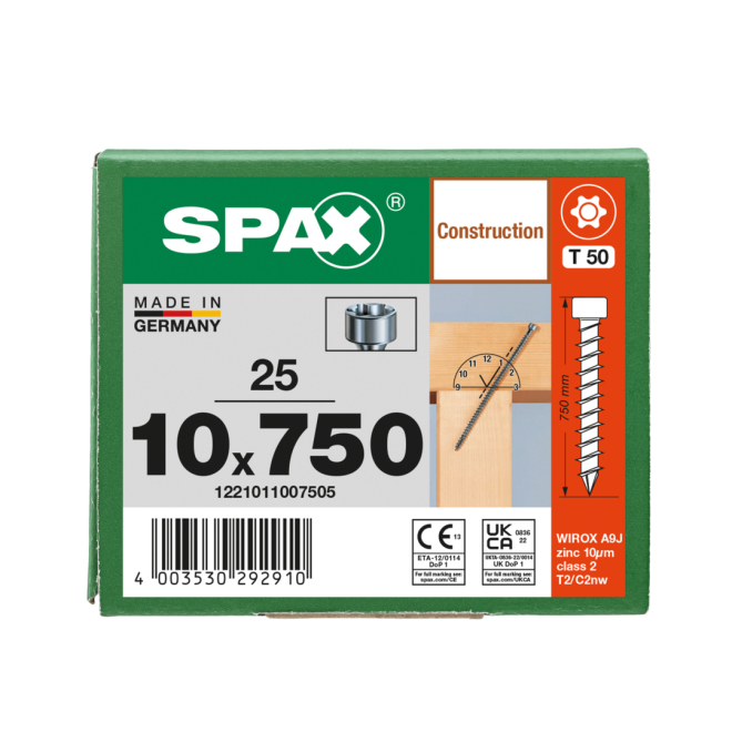 SPAX T-Star plus Zylinderkof mit CUT-Spitze WIROX® Torx 50; 10,0x750 (Gewinde bis annähernd Kopf) - 25 Stück