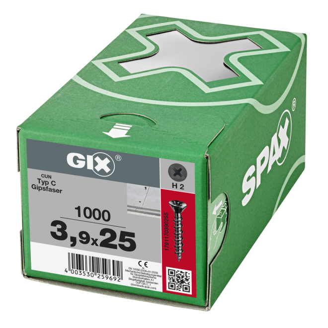 SPAX Schnellbauschraube GIX Typ-C mit kleinem Senkkopf und Kreuzschlitz H; HiLo-Gewinde und Fräsrippen; 3,9 x 25mm; - 1.000 Stück