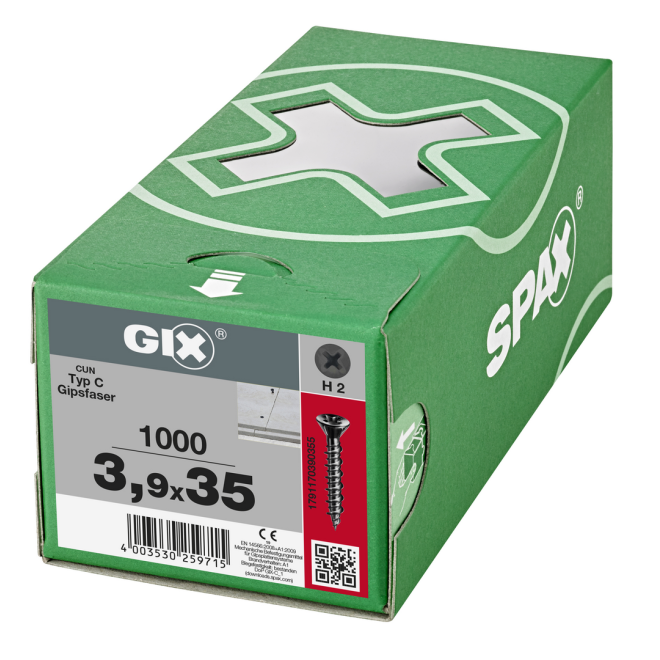 SPAX Schnellbauschraube GIX Typ-C mit kleinem Senkkopf und Kreuzschlitz H; HiLo-Gewinde und Fräsrippen; 3,9 x 35mm; - 1.000 Stück