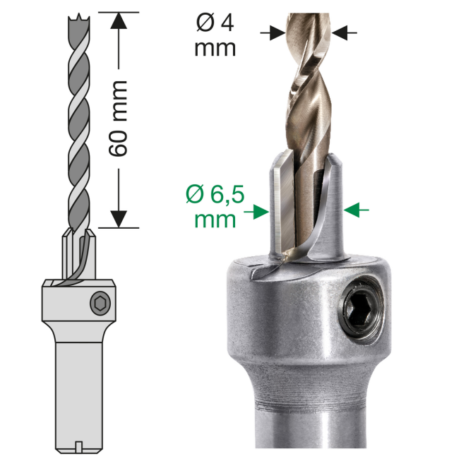 Spax- Step Drill 4 Bohrsenker 4mm; Inhalt: 1x Holzbohrer Ø 4mm, 1x Senker Ø 6,5mm und 1x Innensechskantschlüssel - in Box