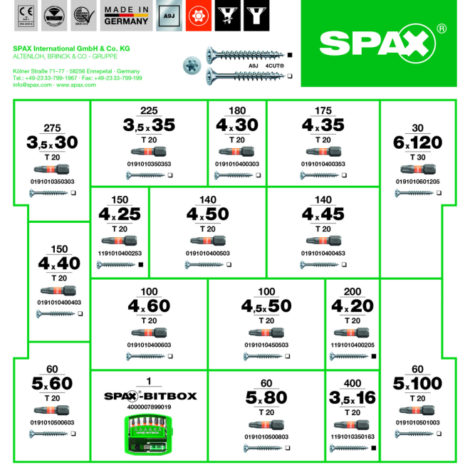 Spax- Montagekoffer L-BOXX, Senkkopf, T-STAR plus, WIROX® -2.445 Stück incl. SPAX BITBOX T-STAR plus 