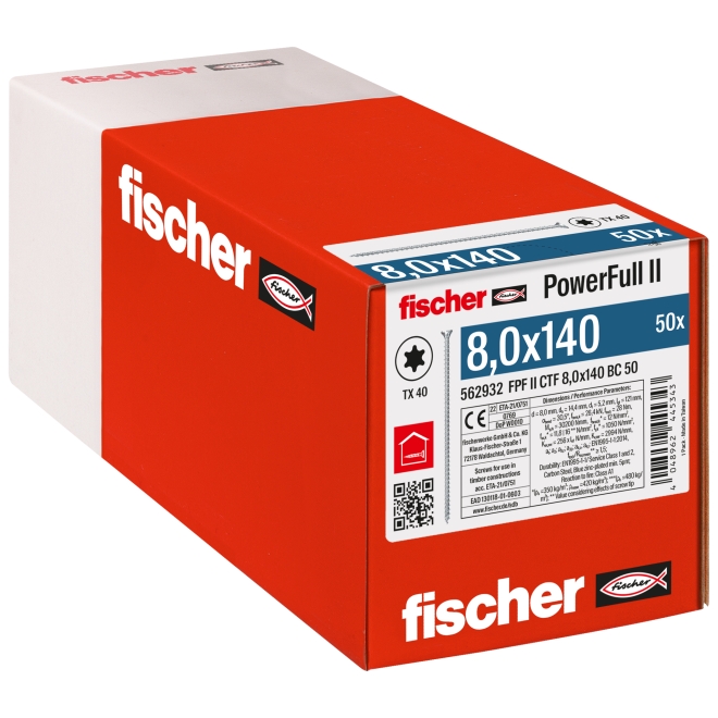 fischer Vollgewindeschraube PowerFull II CTF 8,0 x 140 Senkkopf mit Innenstern TX Vollgewinde galvanisch verzinkt, blau passiviert - 50 Stück