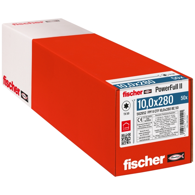 fischer Vollgewindeschraube PowerFull II CTF 10,0 x 280 Senkkopf mit Innenstern TX Vollgewinde galvanisch verzinkt, blau passiviert - 50 Stück