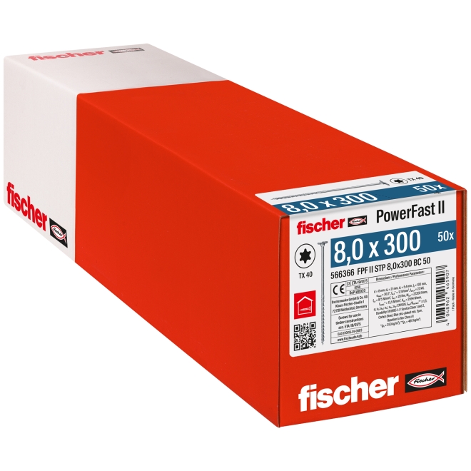 fischer PowerFast FPF II STP 8,0 x 300 Stufensenkkopf mit Innenstern TX Teilgewinde galvanisch verzinkt blau passiviert - 50 Stück